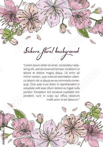 Spring background with blooming sakura flowers. Design template with place fo...