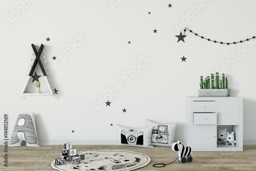 mock up wall in child room interior. Interior scandinavian style. 3d rendering  3d illustration