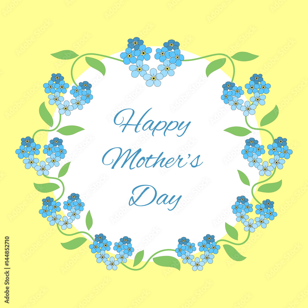 Happy mothers day card vector. Bright spring concept illustration with blue flowers on yellow background