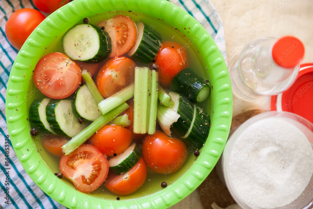 vegetables   in green plate.