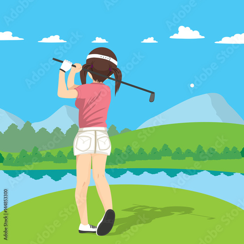 Back view illustration of woman golf player with driver on lake