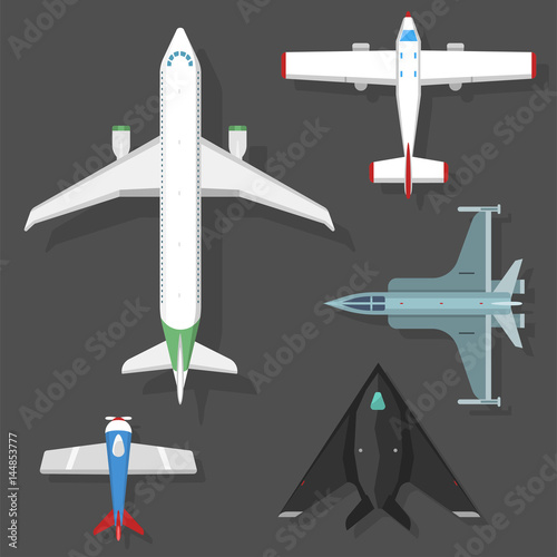 Vector airplane illustration top view and aircraft transportation travel way design journey object. photo