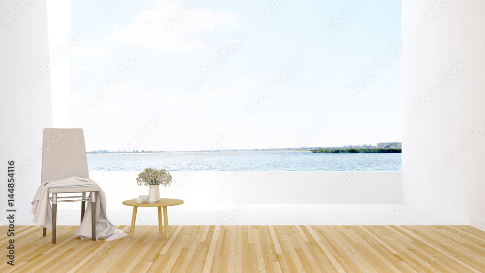 living area in condominium or hotel and lake view - 3d rendering
