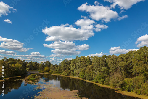 River, trees, meadow against a blue sky with white clouds