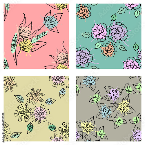 Vector set of seamless floral pattern with flowers, leaves, decorative elements, splash, blots, drop Hand drawn contour lines and strokes Doodle sketch style, graphic vector drawing illustration