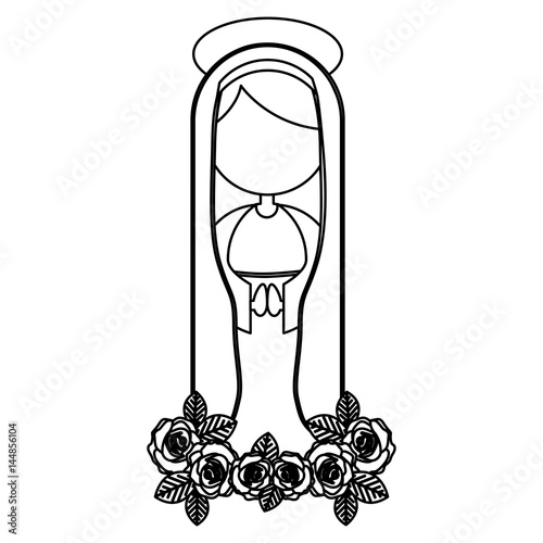 silhouette figure fasceless virgin maria cartoon with aureole on crown of roses vector illustration