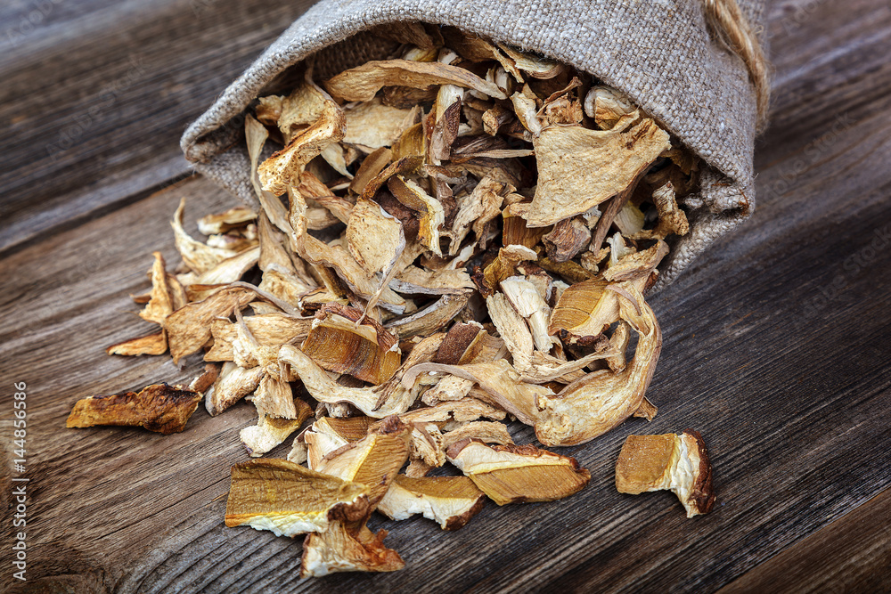 Dried porcini mushrooms in a canvas bag Dried porcini mushrooms in a canvas bag