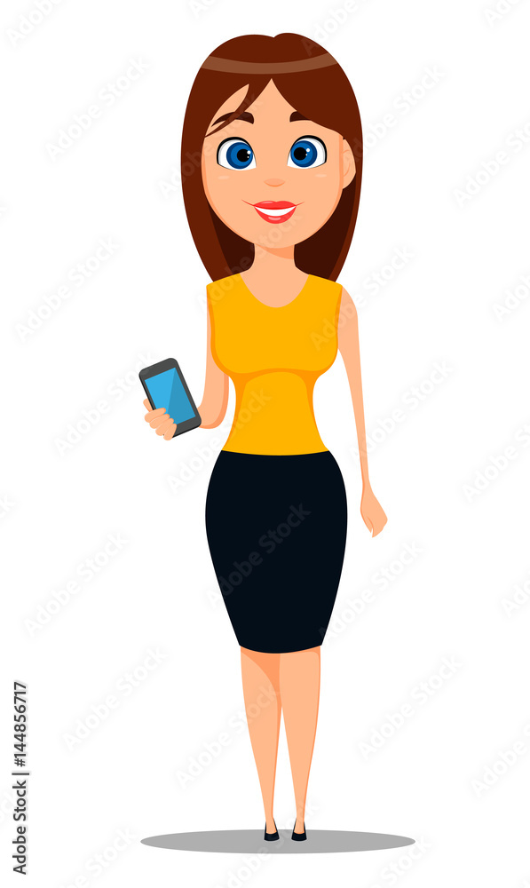 Business woman cartoon character. Young attractive businesswoman in smart  casual clothes standing with smartphone - stock vector Stock Vector | Adobe  Stock