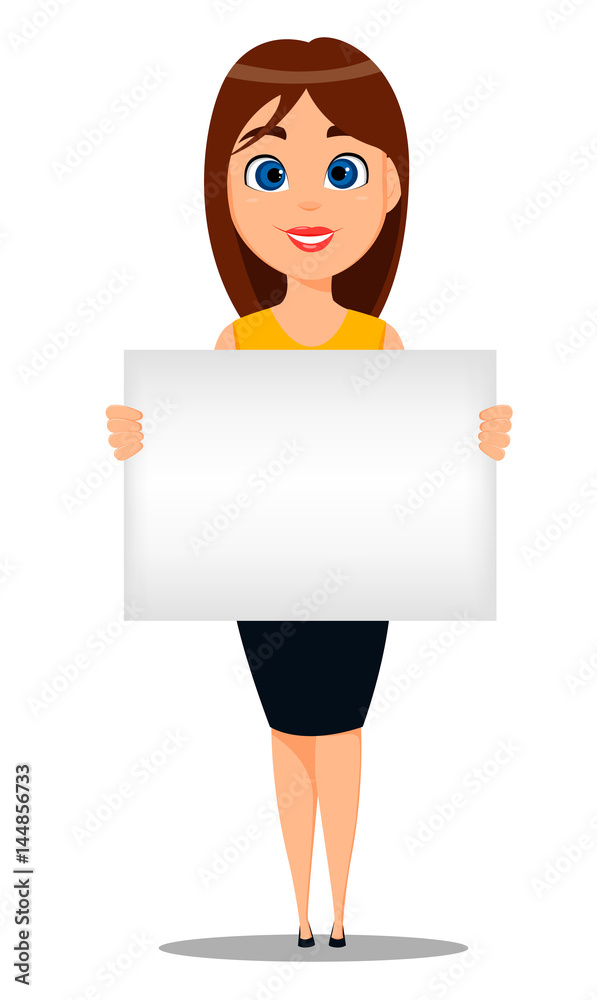 Business woman cartoon character. Young attractive businesswoman in smart casual clothes holding blank sign - stock vector Business woman cartoon character. Young attractive businesswoman in smart casual clothes holding blank sign - stock vector
