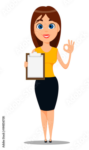 Business woman cartoon character. Young attractive businesswoman in smart casual clothes standing with clipboard and showing OK gesture - stock vector
