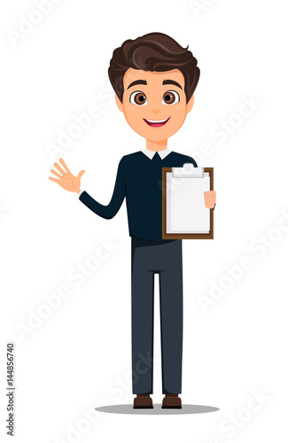 Business man cartoon character. Young handsome smiling businessman in smart casual clothes holding blank clipboard - stock vector