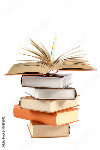 Stack of books on a white background.