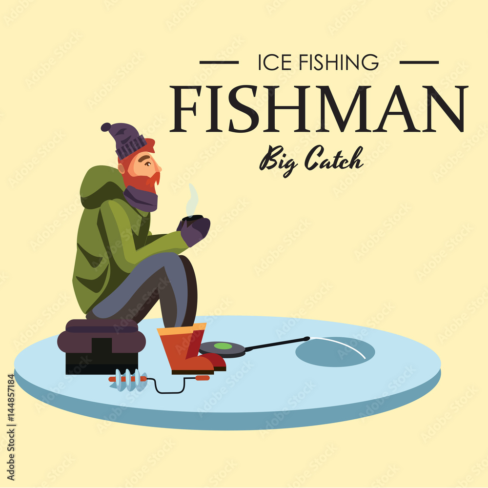 Flat fisherman hat sits on bag with spin fishing rod in hand and catches  bucket, Fishman crocheted spin into the ice-hole waiting big fish funny  vector illustration, Man active banner concept. Stock