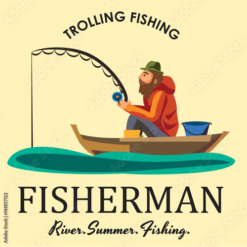 Flat fisherman hat sits on boat with trolling fishing rod in hand and catches bucket, Fishman crocheted spin into the sea waiting big fish funny vector illustration, Man active banner concept