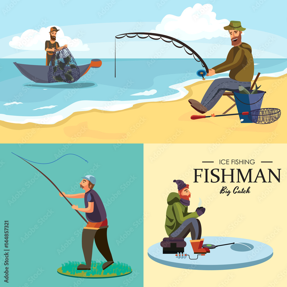 Flat fisherman hat sits on shore with fishing rod in hand and catches  bucket and net,