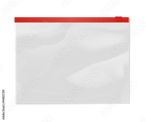 Plastic transparent zipper document bag isolated on white background vector illustration. Packaging design element