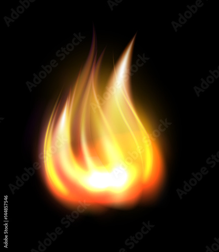 Realistic burning fire element isolated on black background vector illustration.