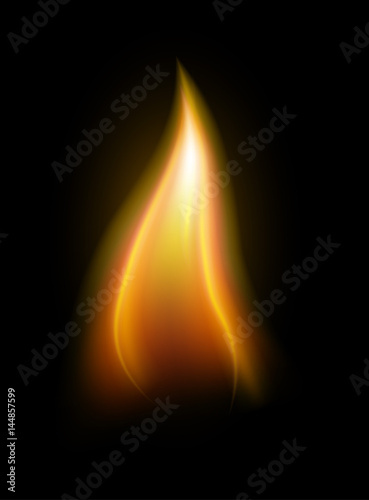 Realistic candle flame element isolated on black background vector illustration.