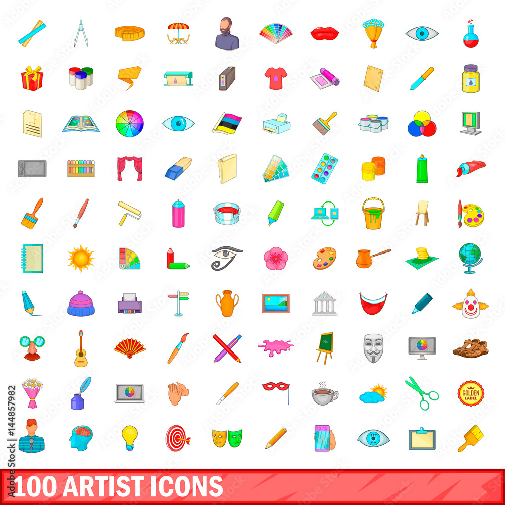 100 artist icons set, cartoon style 100 artist icons set, cartoon style