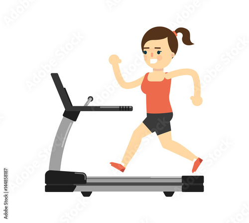 Sporty girl in sportswear running on treadmill isolated on white background vector illustration. Fitness exercise, sport and healthy lifestyle concept in flat design.