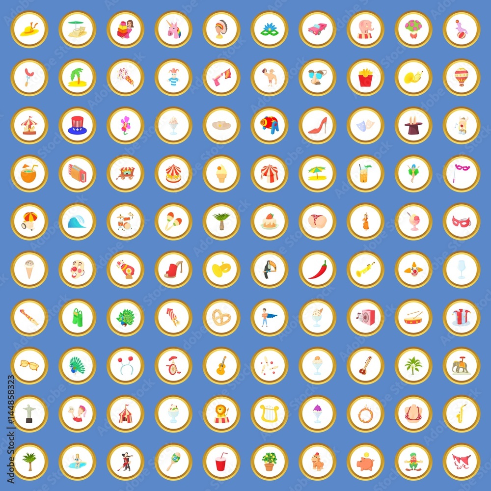100 carnival icons set cartoon vector 100 carnival icons set cartoon vector
