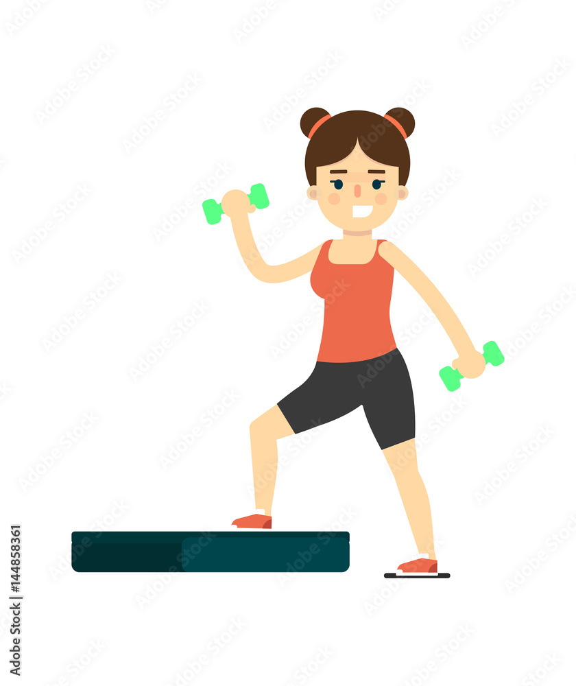 Sporty girl in sportswear using step platform isolated on white background vector illustration. Fitness exercise, sport and healthy lifestyle concept in flat design. Sporty girl in sportswear using step platform isolated on white background vector illustration. Fitness exercise, sport and healthy lifestyle concept in flat design.
