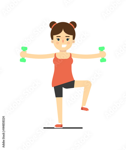 Sporty girl doing exercise with dumbbells isolated on white background vector illustration. Fitness exercise, sport and healthy lifestyle concept in flat design.
