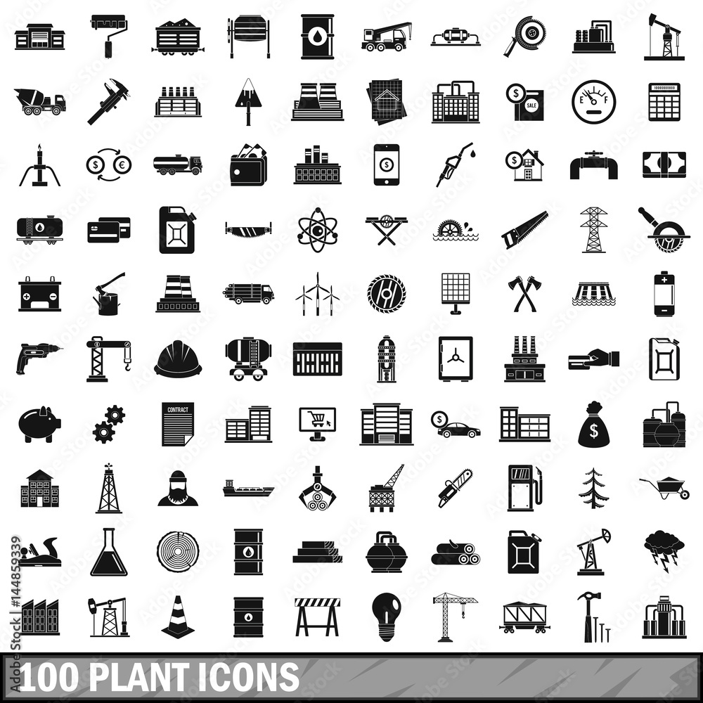 100 plant icons set, simple style 