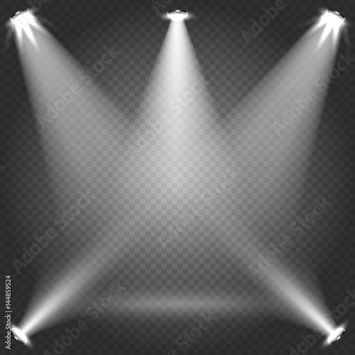 Stage illumination with white transparent spotlight beams isolated on plaid backdrop vector illustration