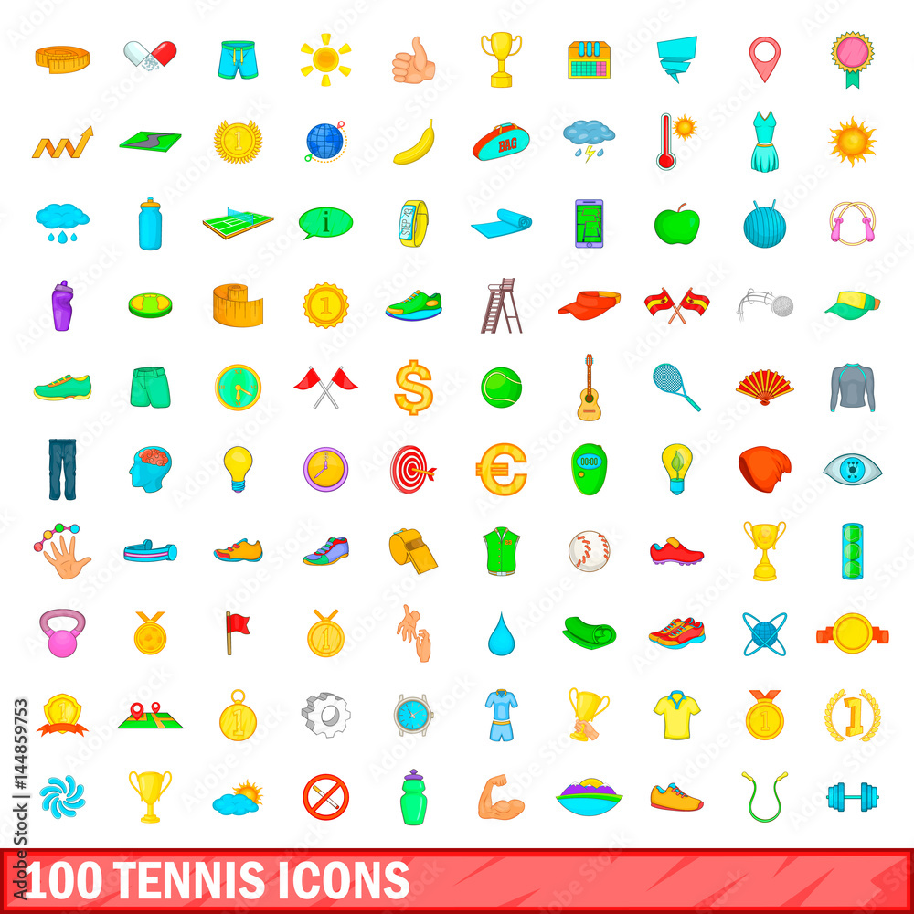 100 tennis icons set, cartoon style 100 tennis icons set, cartoon style