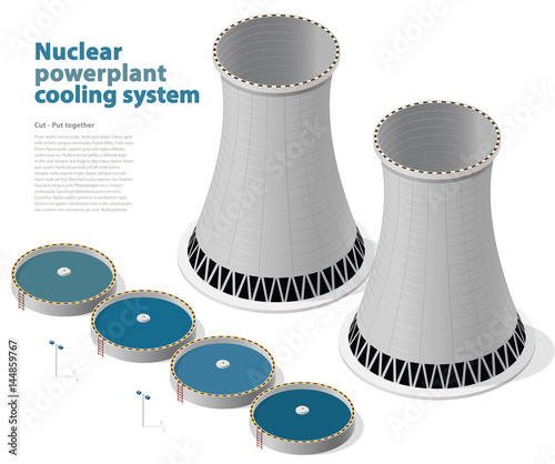 Vector isometric cooling system of nuclear power plant, isolated on white background. Cooling tower of power station. Concrete thermal power plant tower with street lamps. Industrial architecture.