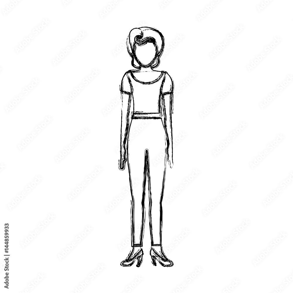 blurred sketch contour body faceless woman with t-shirt and pants retro style vector illustration