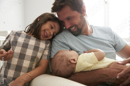 Photography Father With Daughter And Newborn Son In Nursery