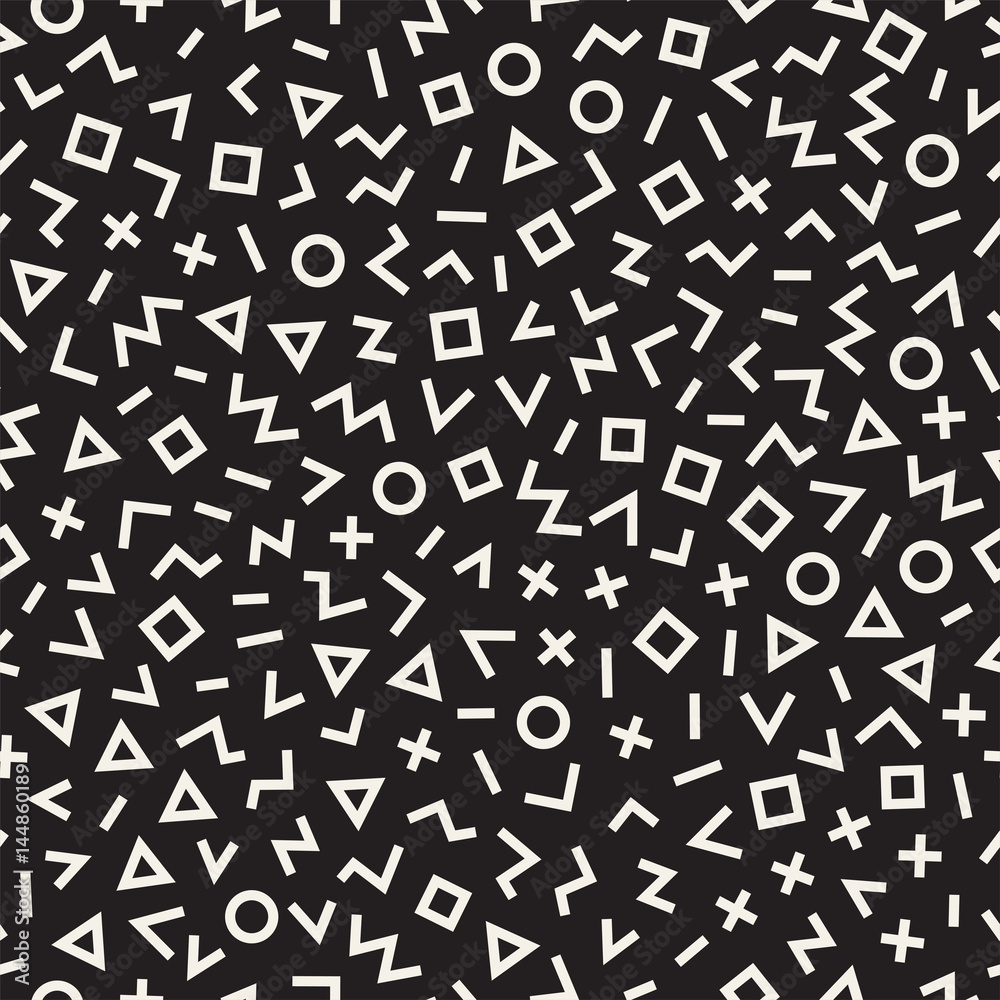 Scattered Geometric Line Shapes. Abstract Background Design. Vector Seamless Black and White Pattern. Scattered Geometric Line Shapes. Abstract Background Design. Vector Seamless Black and White Pattern.