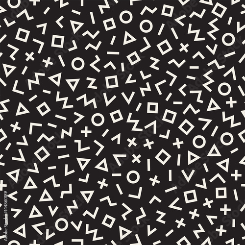Scattered Geometric Line Shapes. Abstract Background Design. Vector Seamless Black and White Pattern.