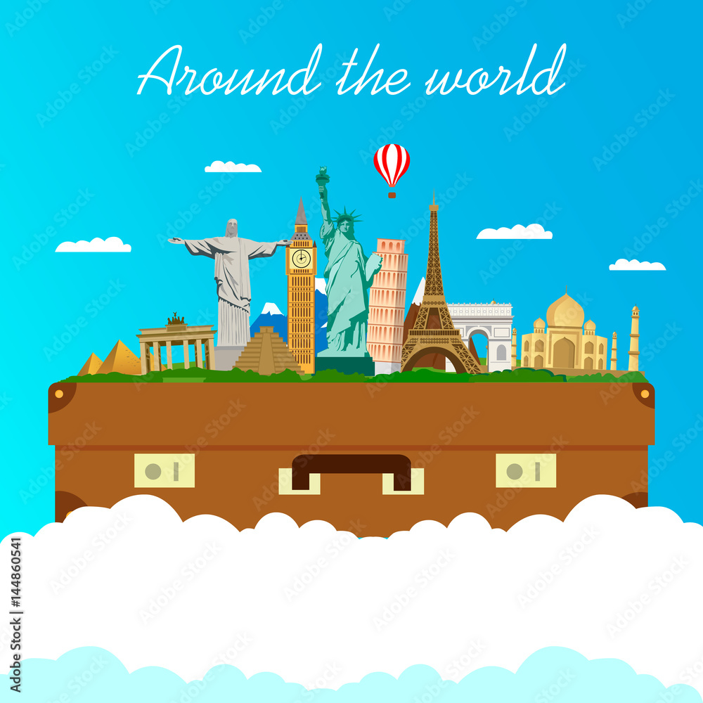Naklejka premium Travel around world, tourism. Landmarks on the globe. Vector illustration.