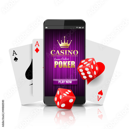 Online Casino Concept, Smartphone with playing cards and poker chips. Vector