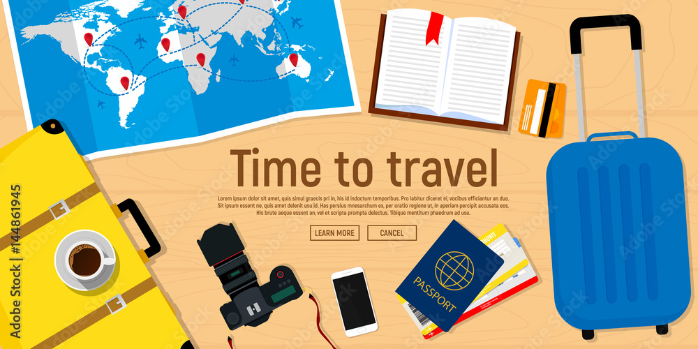 Web banner on the theme of travel. Passport with tickets, photo camera, travel map, suitcase. Vector illustration. Flat design. Web banner on the theme of travel. Passport with tickets, photo camera, travel map, suitcase. Vector illustration. Flat design.