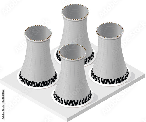 Vector isometric cooling system of nuclear power plant, isolated on white background. Four cooling towers of power station. Concrete thermal power plant towers. Industrial architecture.