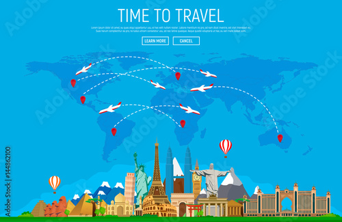 Travel and tourism background. Big set of famous landmarks and world map. Web-banner. Vector illustration.
