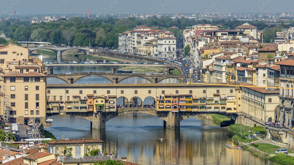 Beautiful aerial view of the Ponte Vecchio and other bridges over the Arno in the historic center of Florence, Italy, from Piazzale Michelangelo