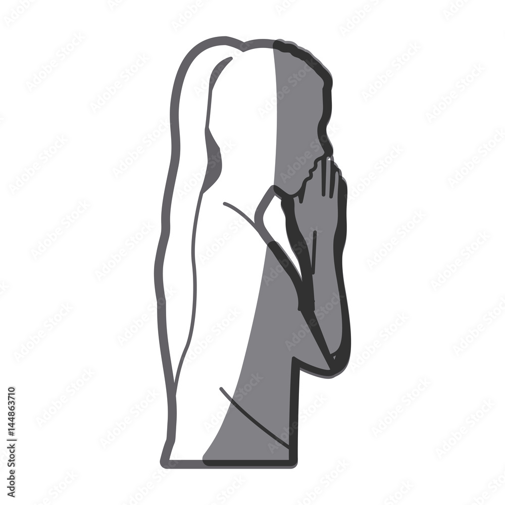 grayscale silhouette of half body girl praying vector illustration