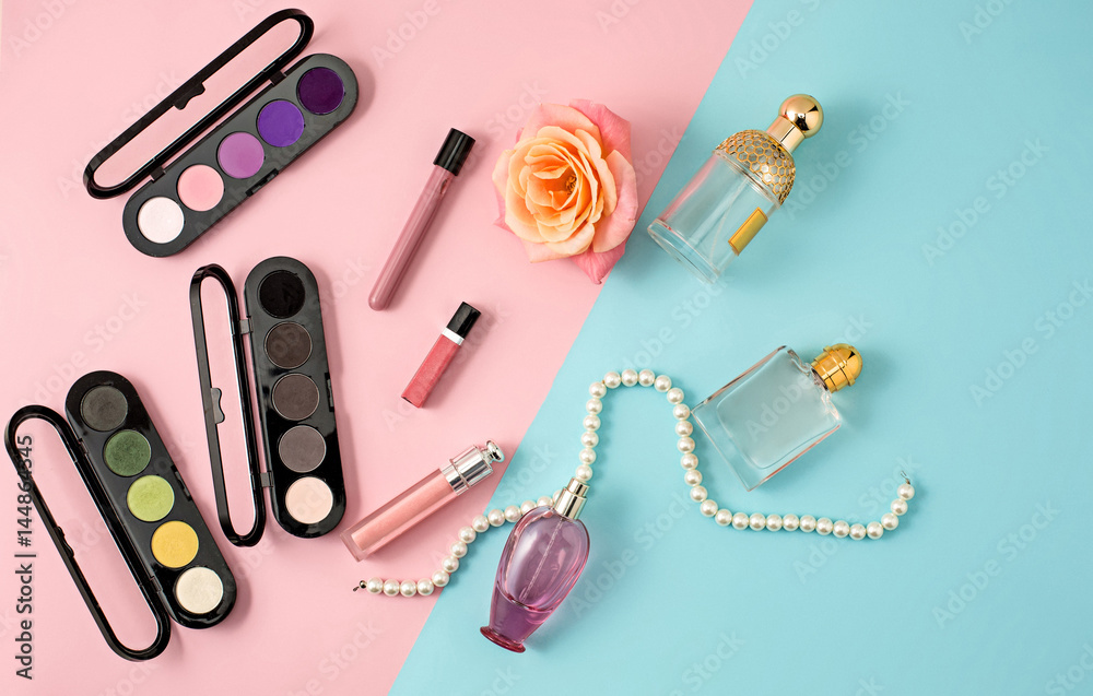 Cosmetics on modern colorful background Cosmetics on modern colorful background