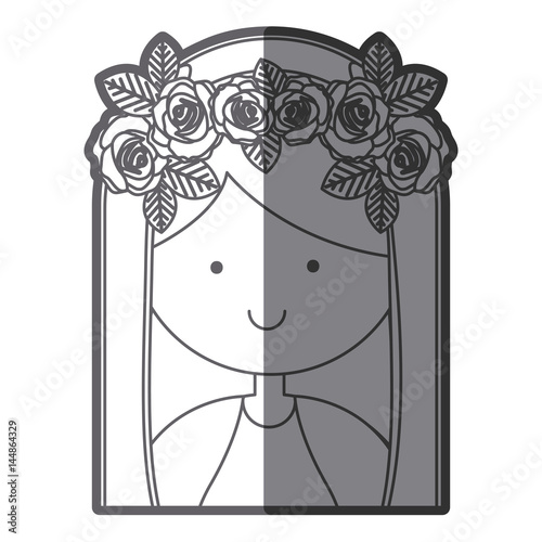 grayscale silhouette of half body beautiful virgin with crown of roses vector illustration