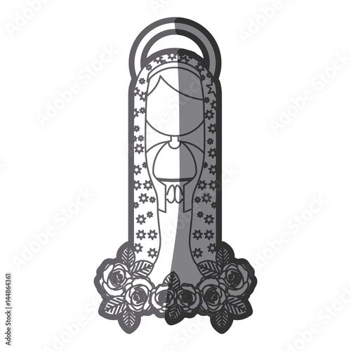 grayscale silhouette of faceless virgin of guadalupe with mantle and roses vector illustration