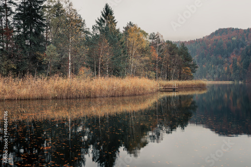 Fussen, Bavaria, Germany. Lake Schwansee surrounded by autumn forest