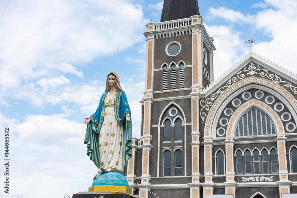 Naklejka premium The Blessed Virgin Mary in front of the Roman Catholic Diocese, public place in Chanthaburi, Thailand.