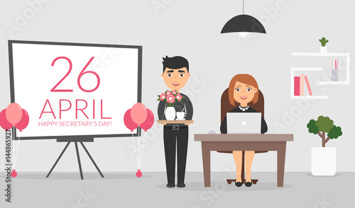 Office room on April, 26. Male office worker wishes his female colleague a Happy Secretary's Day and presents a coffe and bouquet of flowers. Administrator works on the computer. Flat design vector.