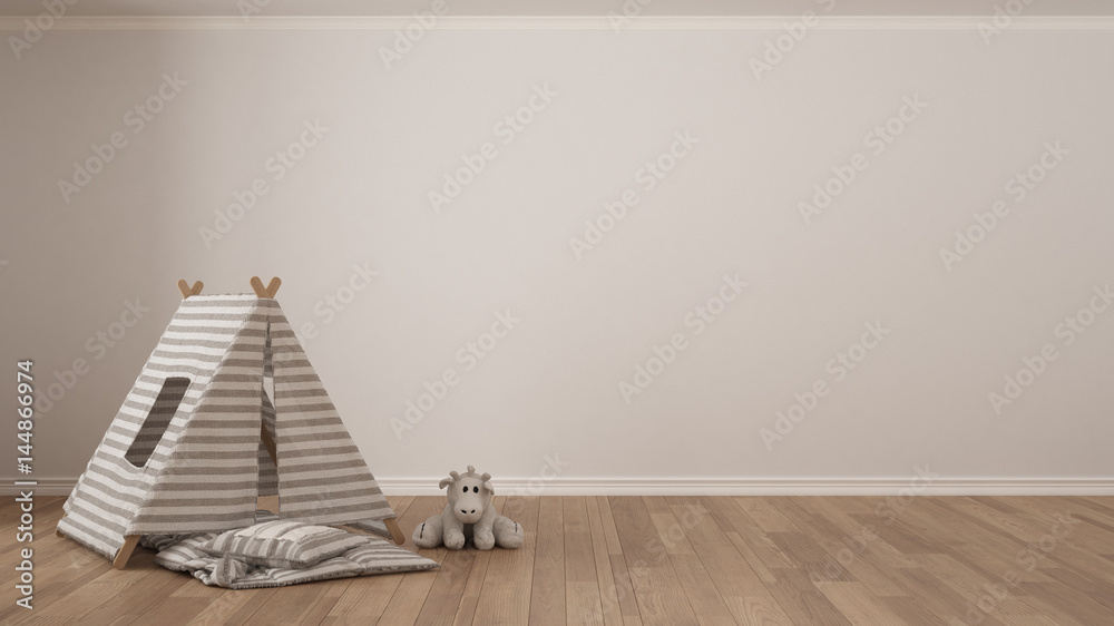Kids minimalist white background with child tent, blanket pillow and toy on  parquet flooring, child room nursery interior design Stock Illustration |  Adobe Stock