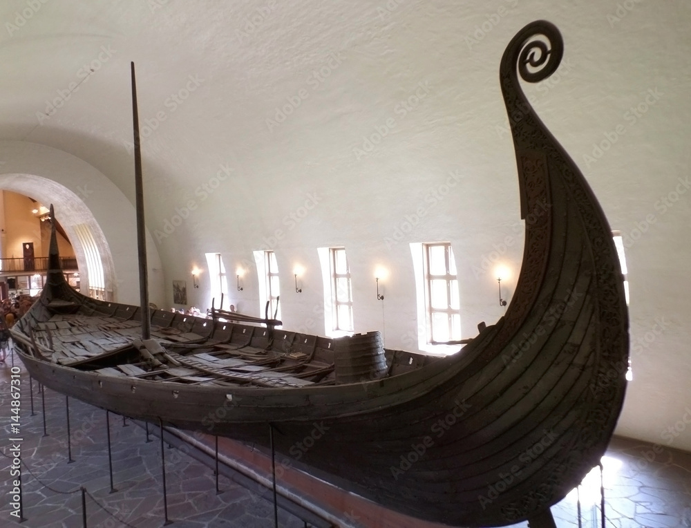 The Oseberg Ship, Well Preserved Historic ship Exhibited in The Viking Ship Museum in Oslo, Norway - obrazy, fototapety, plakaty 